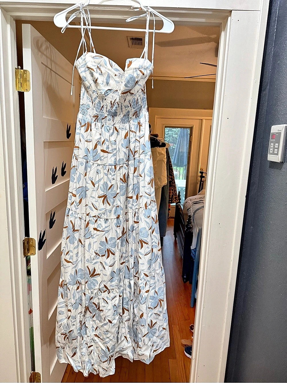 Wayf Tea Party Chic Blue Floral Print Tie-Strap Tiered Midi Dress Floral Maxi